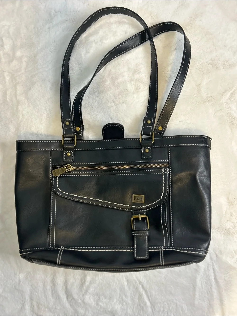 B.O.C. Born Concept Black Vinyl Tote Shoulder Bag Contrast Stitch Buckle